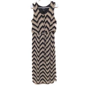 Enfocus Studio Feminine Chiffon Chevron Patterned Black and Tan Dress 14 Maxi